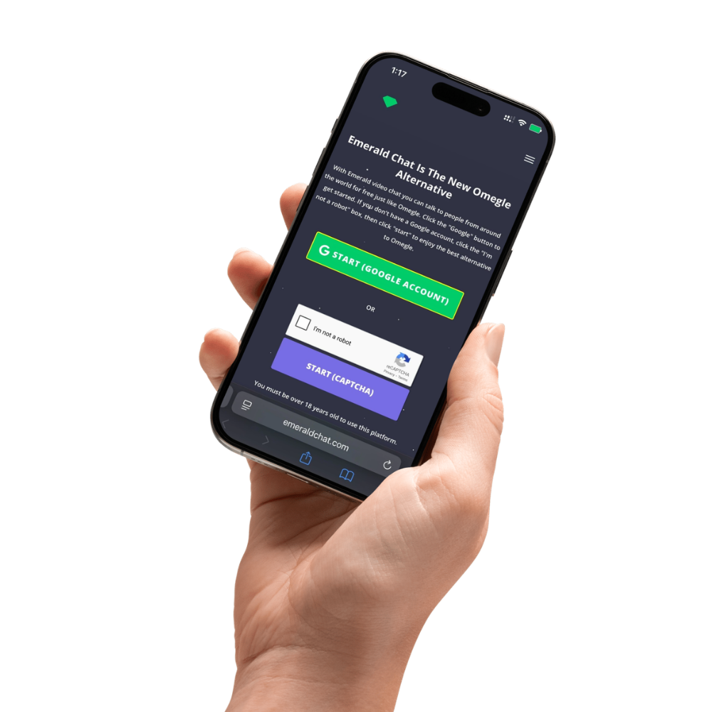 Hand holding a phone showing Emerald Chat